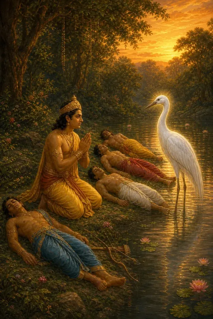 सरोवर के स्थिर जल के उस पार से अदृश्य यक्ष शान्त खड़े युधिष्ठिर से प्रश्न पूछ रहा है।