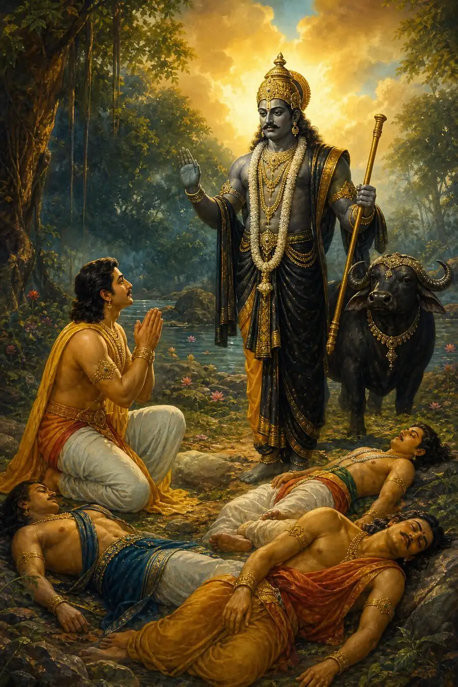 सरोवर के तट पर अपने असली रूप में प्रकट धर्मदेव, हाथ में स्वर्ण दण्ड और पास में भैंसा, घुटनों पर बैठे युधिष्ठिर को आशीर्वाद देते हैं, और चारों भाई अभी भी धरती पर पड़े हैं।
