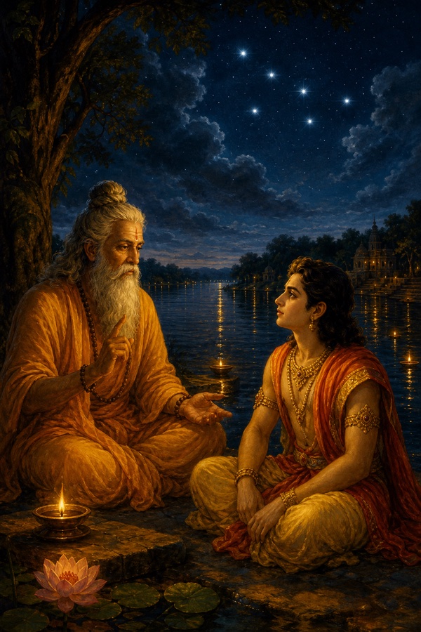 Sage Vasishtha and young prince Rama sit together on the Saryu riverbank deep at night; clouds have parted to reveal the seven bright stars of the Saptarshi above the still water, oil-lamp reflections trembling on the river; rich painterly classical Indian color illustration, dignified, no text, no watermark.