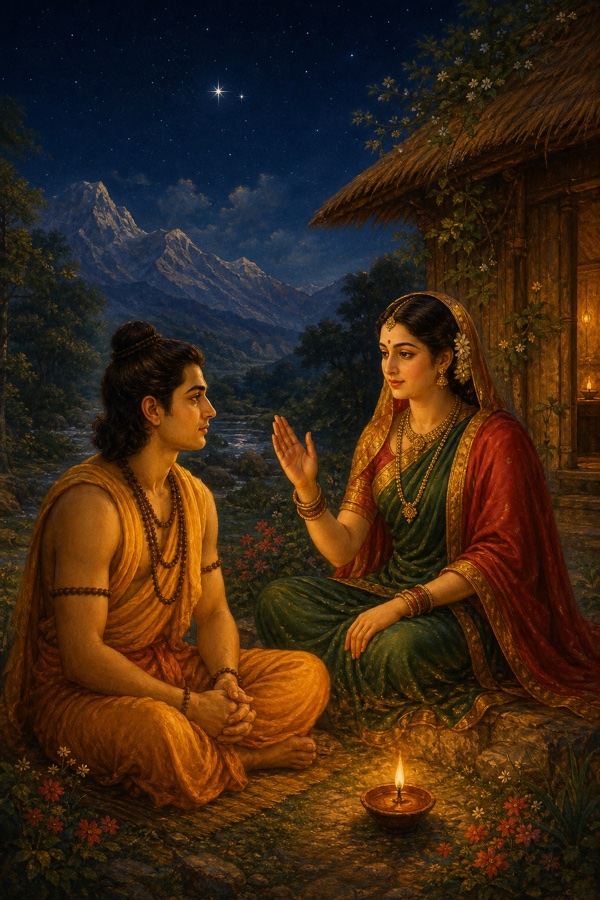Young Vasishtha and his consort Arundhati seated outdoors at night beside a small clay lamp near a thatched ashram hut, mountains and a starry sky behind, Arundhati speaking gently with a hand raised, a tender parting mood; warm painterly classical Indian color art, dignified, no text, no watermark.