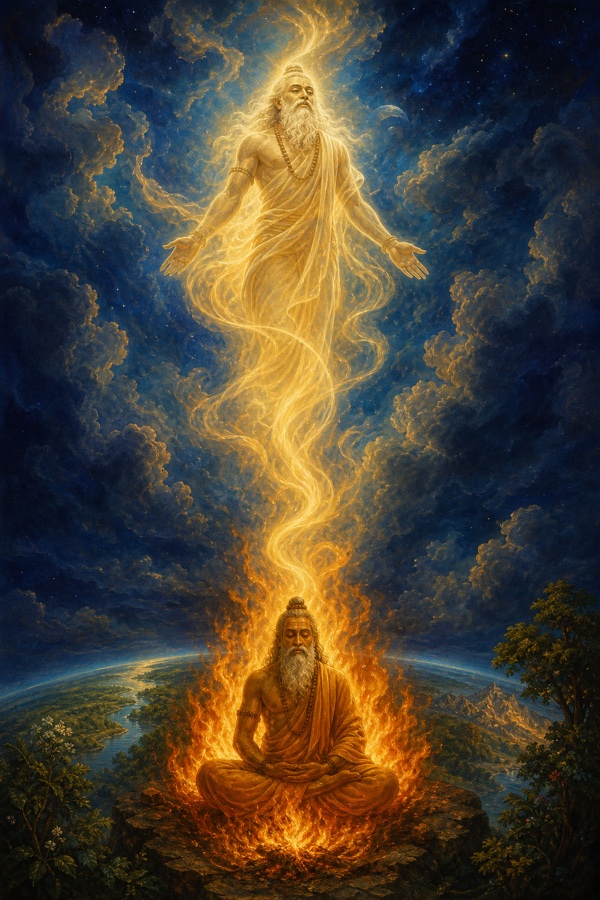 Vasishtha's luminous translucent consciousness rises as a glowing flowing figure straight up out of his cross-legged meditating body, soaring through swirling night clouds high above a small curving earth, the seated body left behind by a fire; ethereal painterly classical Indian color illustration, dignified, no text, no watermark.