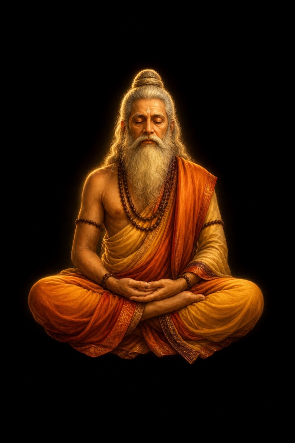 Vasishtha as a serene old sage seated cross-legged, eyes closed, suspended alone in an immense featureless black void with no ground and no stars, a faint inner glow outlining his form to show pure being amid absolute emptiness; meditative painterly classical Indian color illustration, dignified, no text, no watermark.