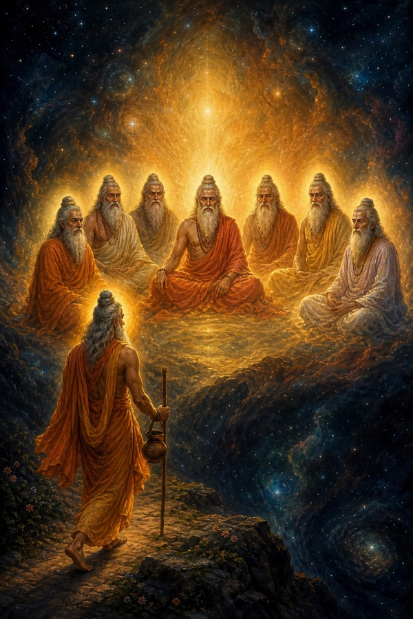 Vasishtha as a luminous traveler arriving before seven extremely ancient rishis seated together within a soft radiant glow in deep cosmic darkness, their weathered faces serene and eyes open, an aura of light far larger than their small bodies; reverent painterly classical Indian color illustration, dignified, no text, no watermark.