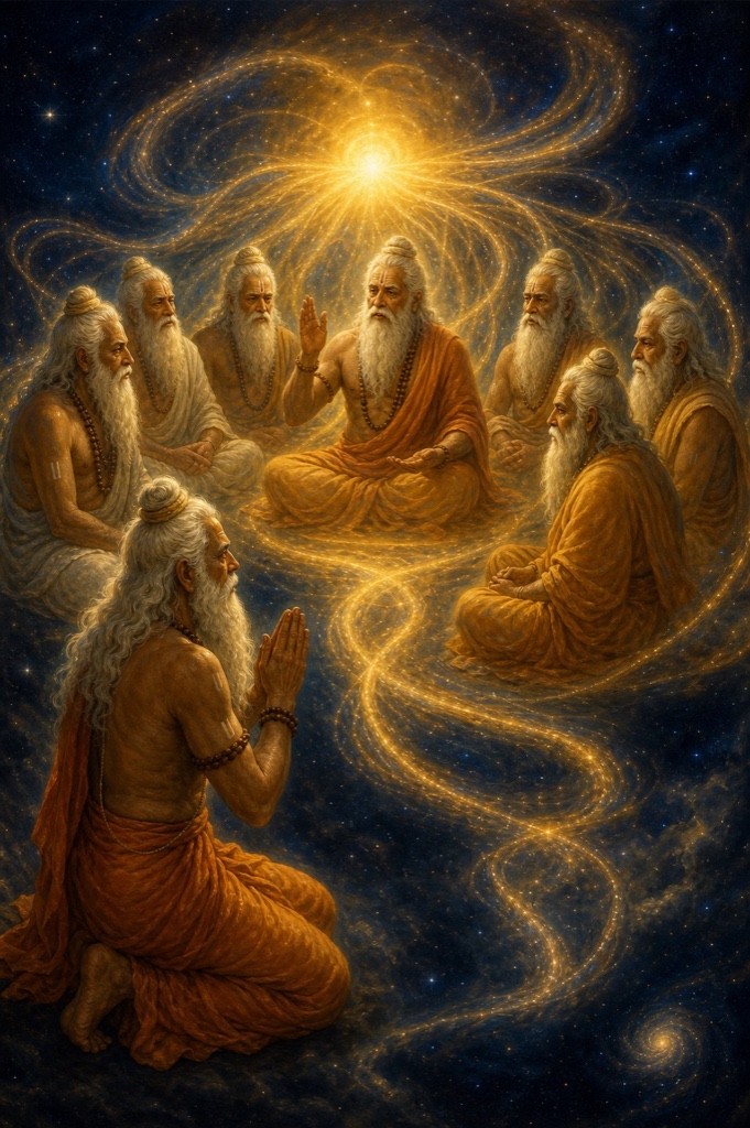 The central elder of the seven aerial sages speaks to a kneeling Vasishtha in the starry void, gesturing toward streams of luminous tales flowing out and curling back into a single radiant source behind the seated circle of witness-sages; symbolic painterly classical Indian color illustration, dignified, no text, no watermark.