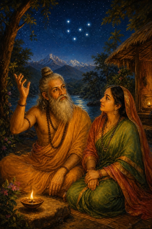 Vasishtha, returned to his body, sits close beside Arundhati at night by a single oil lamp at their riverside ashram, telling her of his vision, the seven Saptarshi stars glimmering above mountains; intimate warm painterly classical Indian color illustration, dignified, no text, no watermark.