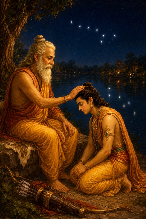 Elderly Vasishtha rests his open palm upon the bowed head of young prince Rama who kneels with eyes closed on the Saryu riverbank, a quiver of arrows beside them, the seven Saptarshi stars and their still reflection on the dark water above; tender painterly classical Indian color illustration, dignified, no text, no watermark.
