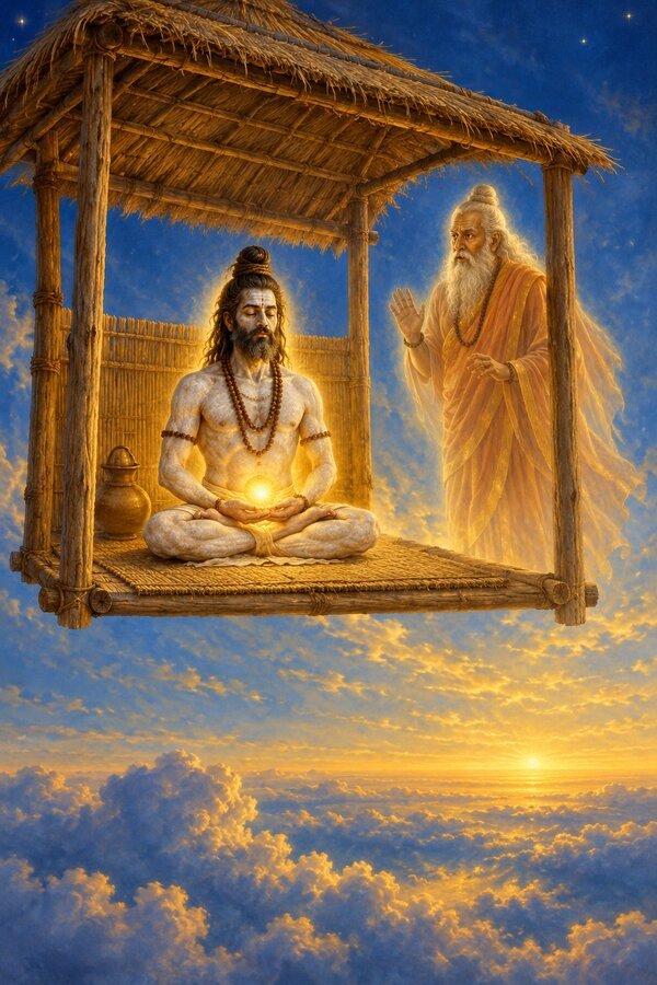 In Vasishtha's cell in the open sky a stranger siddha sits in padmasana, shining like the sun, as Vasishtha watches in wonder.