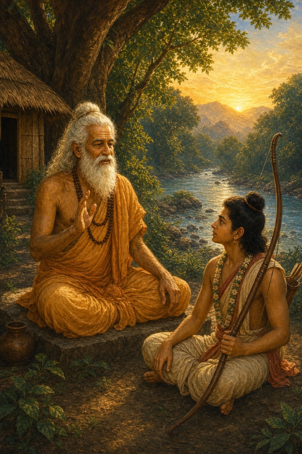 Sage Vasishtha, white-bearded in saffron robes, seated under a tree by his riverside hermitage, raising a hand as he begins a tale to a young attentive Rama holding his bow; warm dawn light, classical Indian color painting.