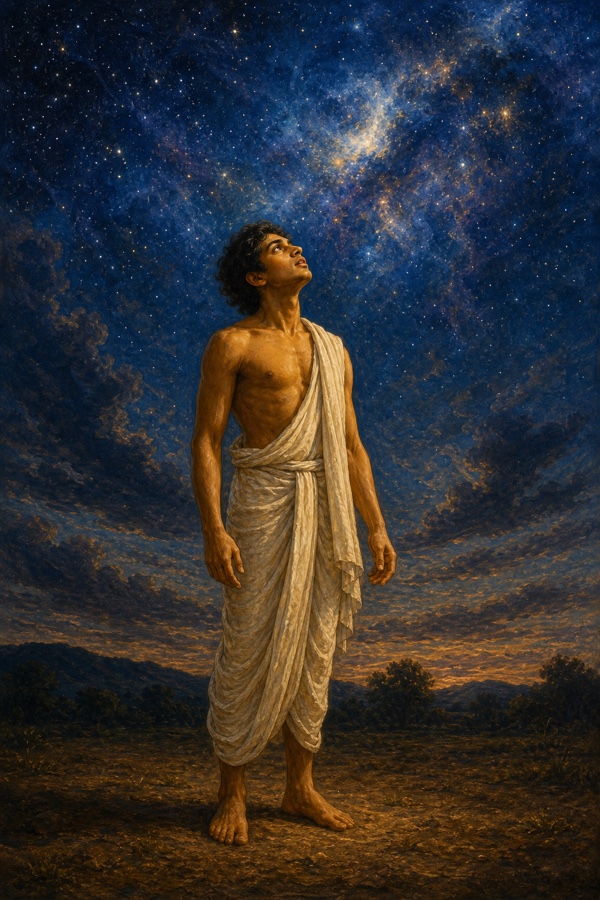 A lone young man in a plain white dhoti standing on bare earth, head tilted up toward a vast deep-blue starry sky swirling with luminous nebulae and clouds, wonder on his face; rich painterly classical-Indian color illustration.