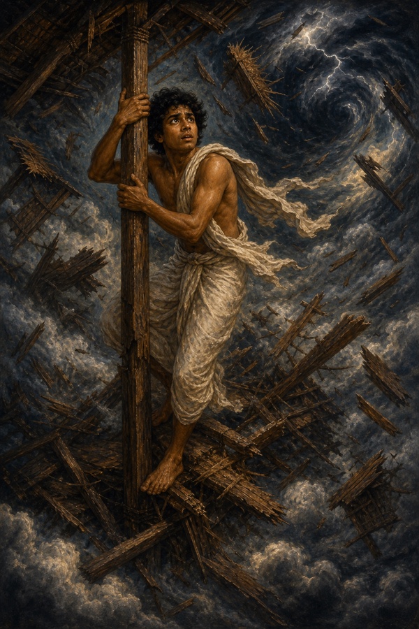 A fierce dark storm tearing a fragile house apart high in the clouds, beams and thatch whirling away in the wind while the man clings desperately to a post amid the vortex; dramatic stormy color palette, classical Indian style.