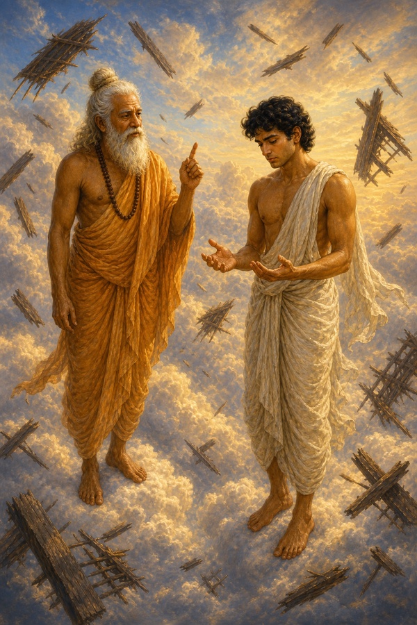 A serene white-bearded rishi gesturing gently upward to the awestruck man amid floating wreckage in the open sky, the man pausing to gaze at his own open hands in dawning realization; golden serene light, dignified classical-Indian color painting.