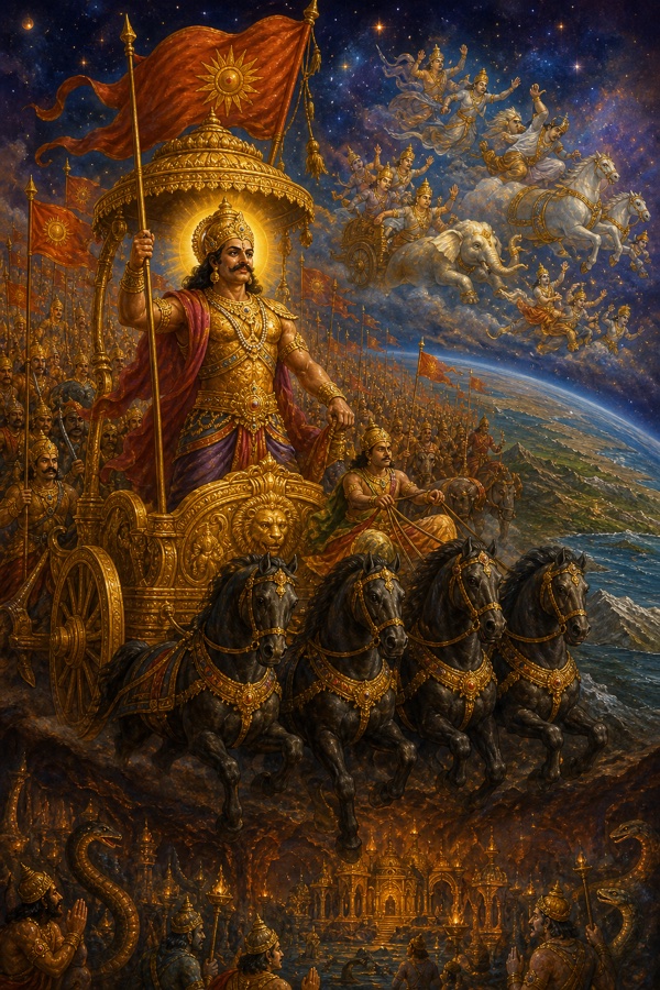 Mighty Daitya-king Bali in golden armour and crown on a victorious chariot amid his vast army, banners flying, conquering the realms; Indra and the devas retreat across a star-strewn sky, earth and a glimpse of the netherworld below, jewel-rich classical Indian palette.