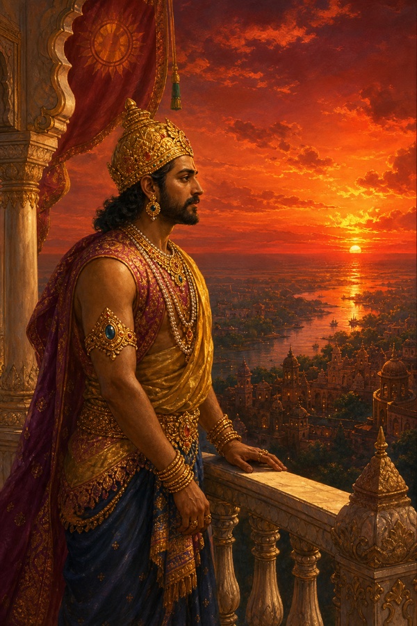 King Bali alone on a high marble palace balcony at sunset, gazing at a reddening sky over the city and river-plain below, his face pensive and hollow despite royal finery, warm crimson and gold dusk light, classical Indian miniature style.