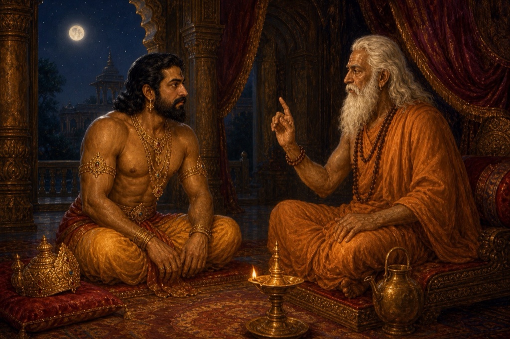 Young Bali, crown set aside on the floor, sits cross-legged before the very old white-bearded sage Shukracharya in a lamp-lit chamber at night, the guru teaching with a raised hand, a water-pot nearby, intimate warm glow, dignified classical Indian painting.