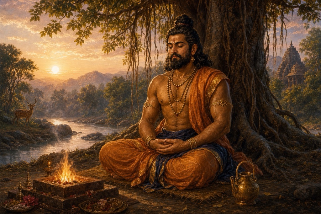 Bali seated in deep meditation, eyes closed, at the foot of a great banyan tree beside a flowing river, a small sacred fire glowing, a deer in the distant forest and a half-hidden temple, serene dawn light, lush classical Indian color.