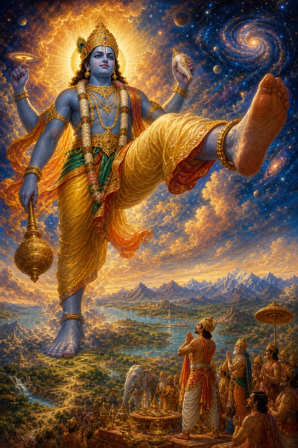 Vishnu in colossal cosmic Trivikrama form, blue-skinned and four-armed with conch, discus and mace, one immense leg striding across sky and land covering the whole earth, tiny Bali and onlookers gazing up from far below, radiant celestial palette, grand classical Indian painting.
