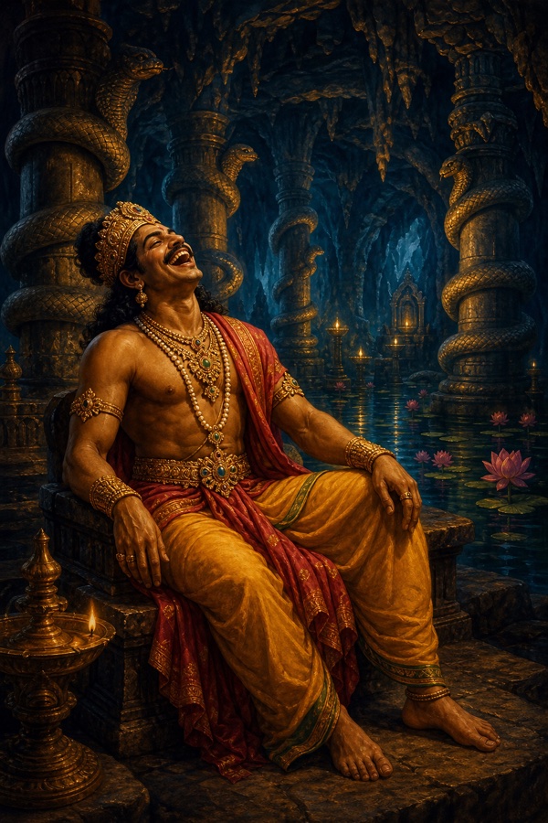 Bali seated alone on a low stone seat in a vast dark patala cavern of serpent-coiled pillars and a still lotus-dotted pool lit by a few lamps, his head thrown back in a free joyous laugh that ripples through the cave, deep indigo shadows with warm lamplight, dignified classical Indian color.