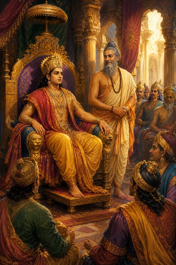 In a richly pillared throne hall, the young king Bana seated on the jeweled throne ruling, while the serene liberated Bali stands beside him as supportive counsel and witness, a faint knowing smile on Bali's face, ministers attending, warm golden court light, classical Indian painting.