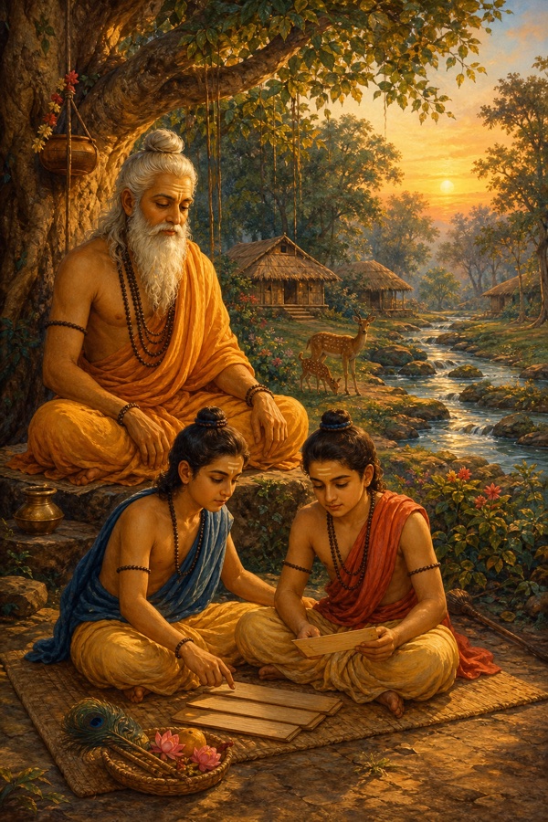 Color painterly classical-Indian scene of the sage Atri's forest hermitage at dawn, the white-bearded rishi Atri seated under a tree while two young dhoti-clad boys, Bhasa and Vilasa, sit on a single reed mat studying together, thatched huts and a clear stream nearby, warm earthen and saffron tones, dignified, no text
