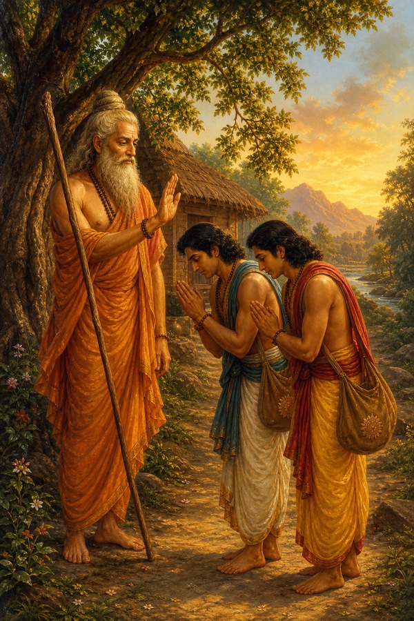 Color painterly classical-Indian scene of the elderly sage Atri with his staff standing beneath a tree blessing two grown young men in dhotis, Bhasa and Vilasa, who bow before him with shoulder-bags ready for departure, hermitage hut behind, soft golden morning light, dignified, no text