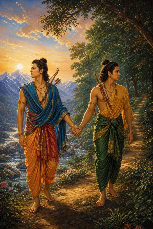 Color painterly classical-Indian scene of two young men, Bhasa and Vilasa, parting on a forest path by a stream, clasping hands in farewell then turning to opposite directions, one toward distant blue northern mountains, one toward green southern forest, warm dawn palette, dignified, no text