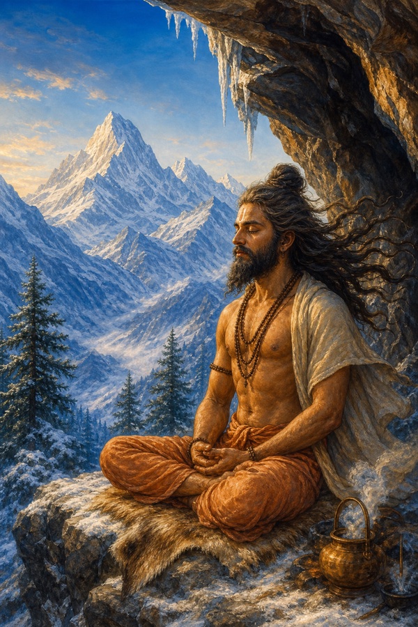 Color painterly classical-Indian scene of the ascetic Vilasa seated in meditation at the mouth of a high Himalayan cave on a snow-streaked peak, thin cloth around him, wind in his hair, cold blue and white peaks and conifers all around, austere and dignified, no text
