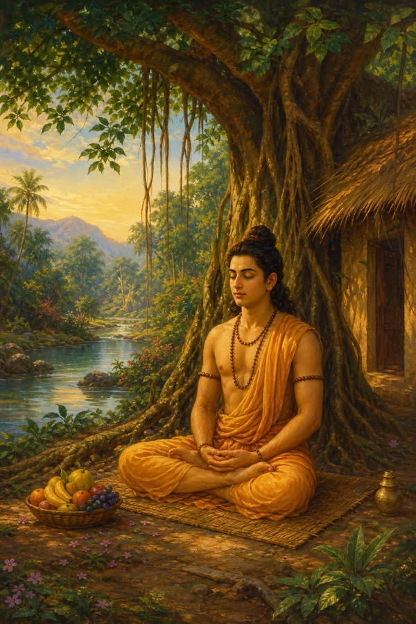 Color painterly classical-Indian scene of the seeker Bhasa seated calmly in meditation on a mat under a large banyan tree beside his small thatched hut at the edge of a dense green southern forest, a bowl of fruit nearby, a gentle river behind, lush warm greens, dignified, no text
