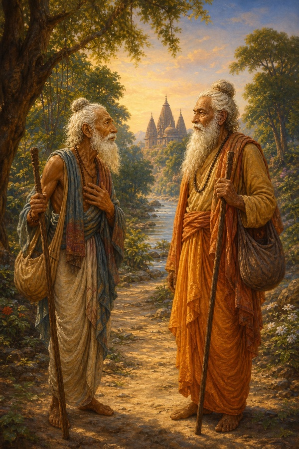 Color painterly classical-Indian scene of two very old white-bearded sages, the gaunt frail Vilasa and the steadier Bhasa, meeting face to face on a forest path beside a river, peering at each other in dawning recognition with staffs and shoulder-bags, distant temple spires, tender warm light, dignified, no text