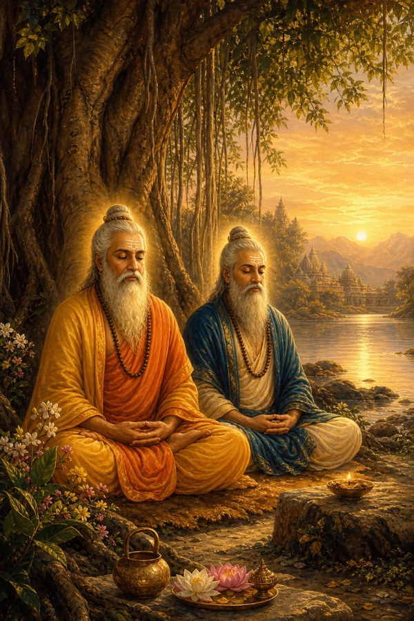 Color painterly classical-Indian scene of the two aged sages Bhasa and Vilasa seated side by side in deep silent meditation beneath a great banyan tree at the riverbank at dawn, a soft sourceless inner light glowing gently around them, lake and far-off temple, serene luminous golden palette, dignified, no text
