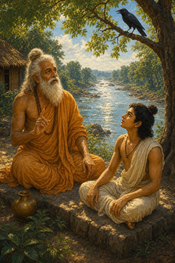 Noon by the bright Sarayu river; young prince Rama in simple ascetic cloth seated with the elder sage Vasishtha on a stone bank, Rama gazing up at a small bird perched on a nearby tree, asking his question; classical Indian color illustration, warm sunlit water, dignified, no text