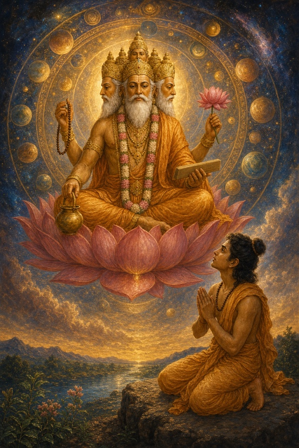 Four-faced creator Brahma seated on a lotus throne amid a cosmic mandala of planetary discs, a young Vasishtha kneeling below with folded hands asking who is the oldest living being; rich classical Indian color painting, gold and indigo, dignified, no text