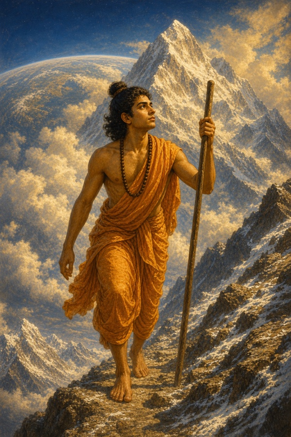The sage Vasishtha in white robes with a tall staff walking upward through thin high air above snowy Himalayan peaks and clouds, having crossed Mount Meru, the round earth dimly far below; luminous classical Indian color illustration, dignified, no text