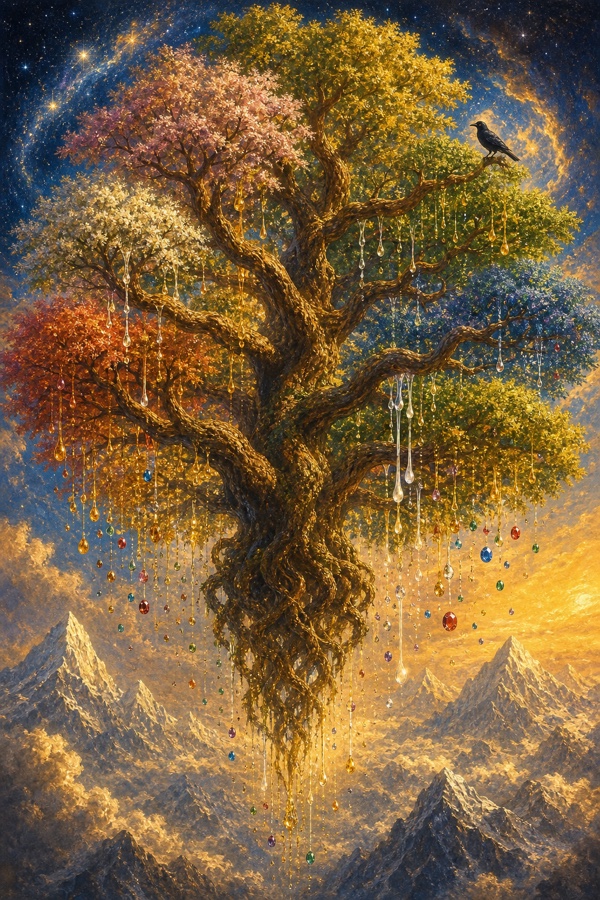 A colossal wish-tree floating in the sky without roots, its many boughs each a different hue dripping golden drops, water, milk, nectar and glittering gems into the air; a single black crow on one branch; vivid classical Indian color painting, dignified, no text