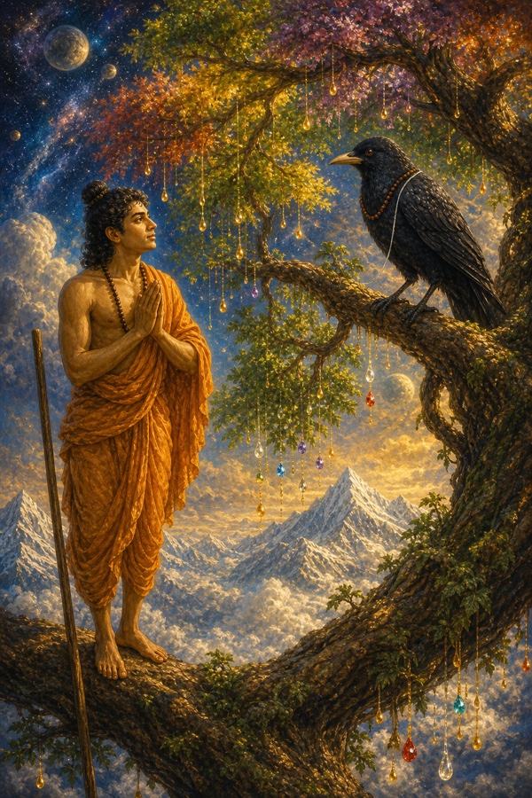 The ancient crow Bhushunda, very black with a yellow beak and faint white feather-lines, sitting upright on a thick bough wearing a sacred thread and mala, turning to regard the sage Vasishtha who alights gently with folded hands; cosmos and snow peaks behind; classical Indian color art, dignified, no text