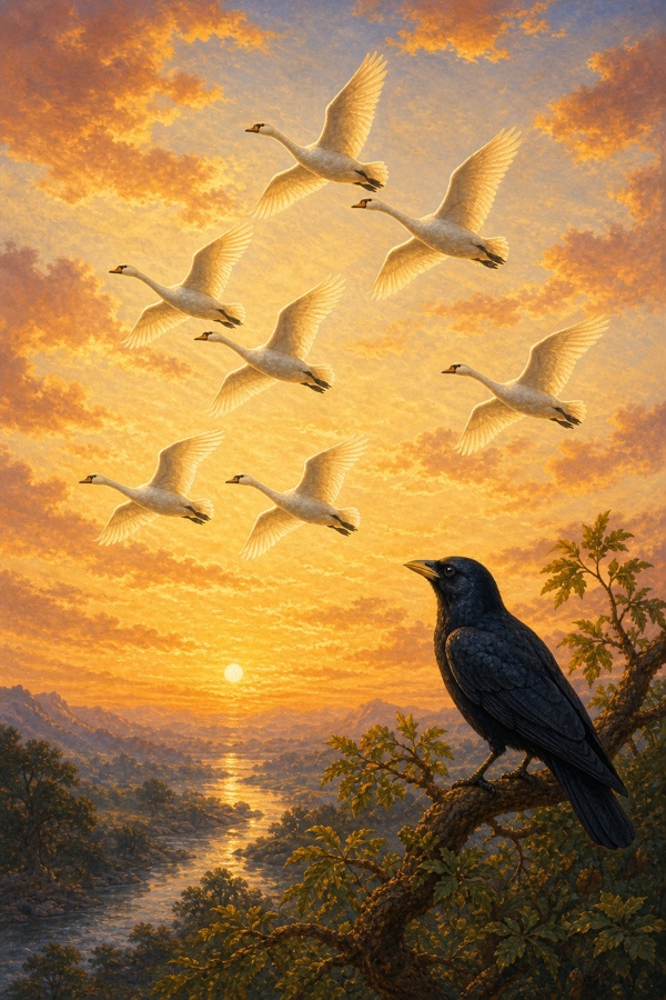 Seven white swans of Brahma flying together across a luminous sky while a single black crow named Chanda watches them with love from a branch; tender classical Indian color illustration, gold dawn light, dignified, no text