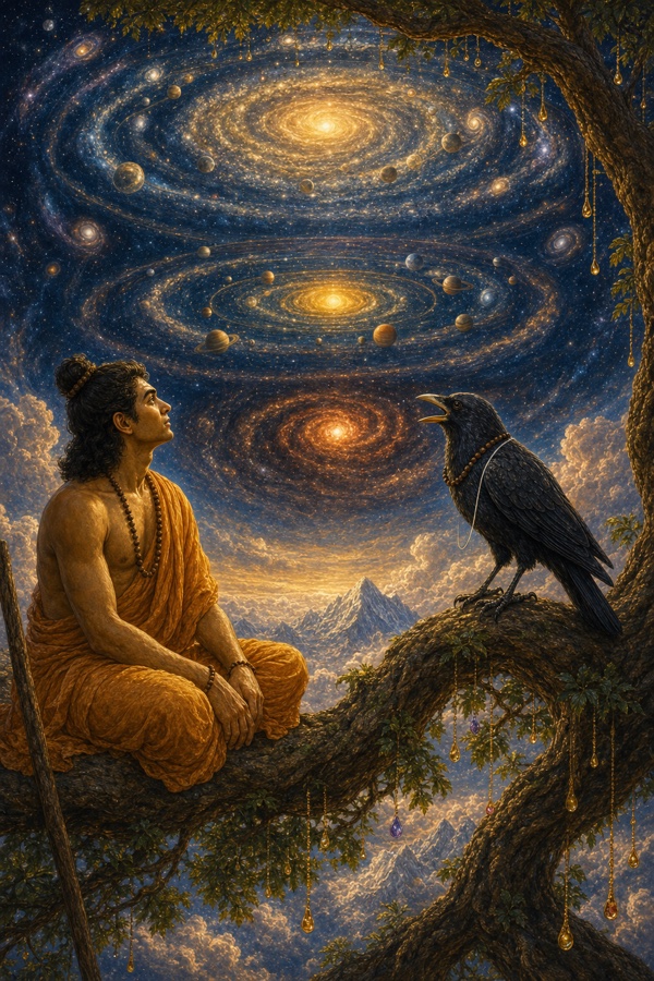 The crow Bhushunda seated cross-legged on a bough gesturing into space where great spirals of galaxies unwind in successive rings of creation, sustenance and dissolution, the sage Vasishtha listening; majestic classical Indian color tableau, deep blues and gold, dignified, no text