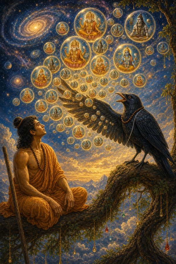 Bhushunda the crow extending a wing from which rise dozens of luminous spheres, each holding a tiny world with its own four-faced Brahma, blue Vishnu and Shiva; the sage Vasishtha gazes up at the vision of countless creations; ornate classical Indian color painting, dignified, no text