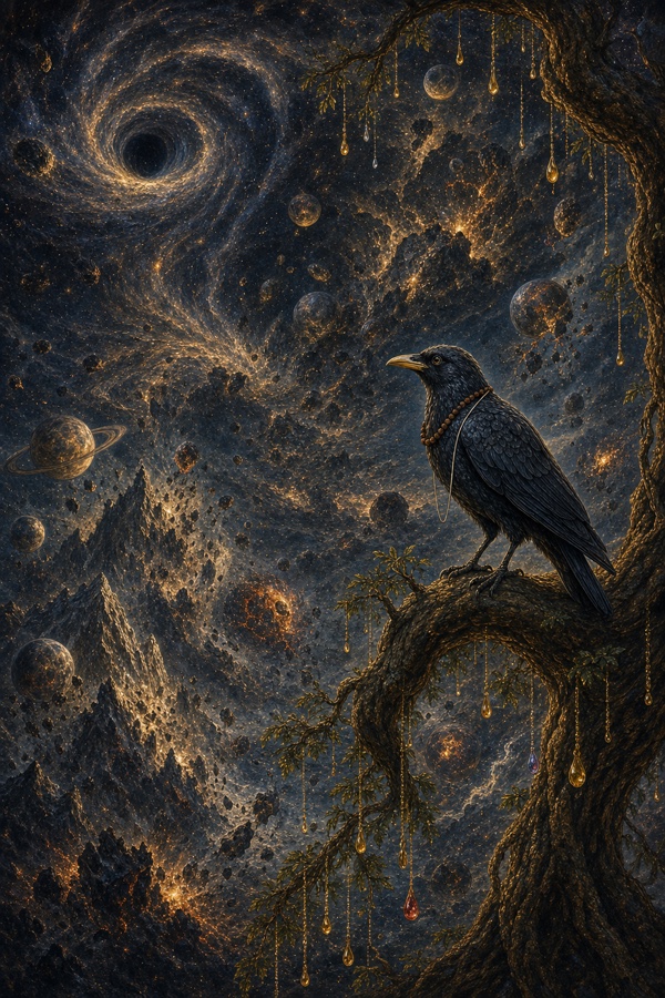 Cosmic dissolution: the crow Bhushunda perched calm and still on a bough while around him galaxies swirl into a dark void, mountains crumble and worlds dissolve into an infinite emptiness; dramatic classical Indian color illustration, dignified, no text