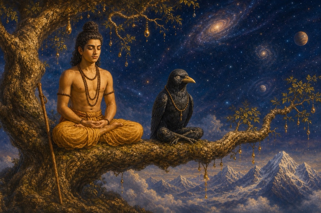 Bhushunda the crow seated in cross-legged meditation on the great trunk, eyes closed, a glowing breath-aura curving in a heart-shape around him marking the still pause between inhale and exhale; the sage observes nearby; serene classical Indian color art, soft luminous gold, dignified, no text