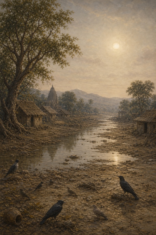 A quiet apocalypse: birds settling motionless to the ground as the wind dies, rivers ceasing to flow, the sun frozen still in the sky over a hushed land of villages; muted classical Indian color illustration, pale stilled light, dignified, no text