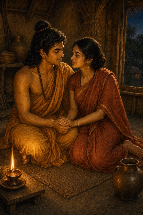 Inside a small humble hermitage hut, the sage Vasishtha tenderly holding the hand of his wife Arundhati by lamplight, both seated close, an earthen water-pot beside them; intimate warm classical Indian color painting, dignified, no text