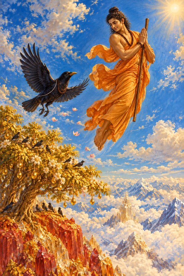 At noon above Meru young Vasistha rises through the sky with joined palms as the crow Bhushunda follows on spread wings.