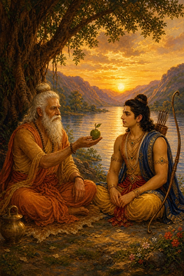 Painterly classical Indian color illustration: aged white-bearded sage Vasistha and young dark-haired prince Rama with bow and quiver sit cross-legged under a tree at golden sunset beside a wide mountain-fringed river, the sage holding out a single small bilva fruit toward Rama; warm dignified palette, no text, no watermark.