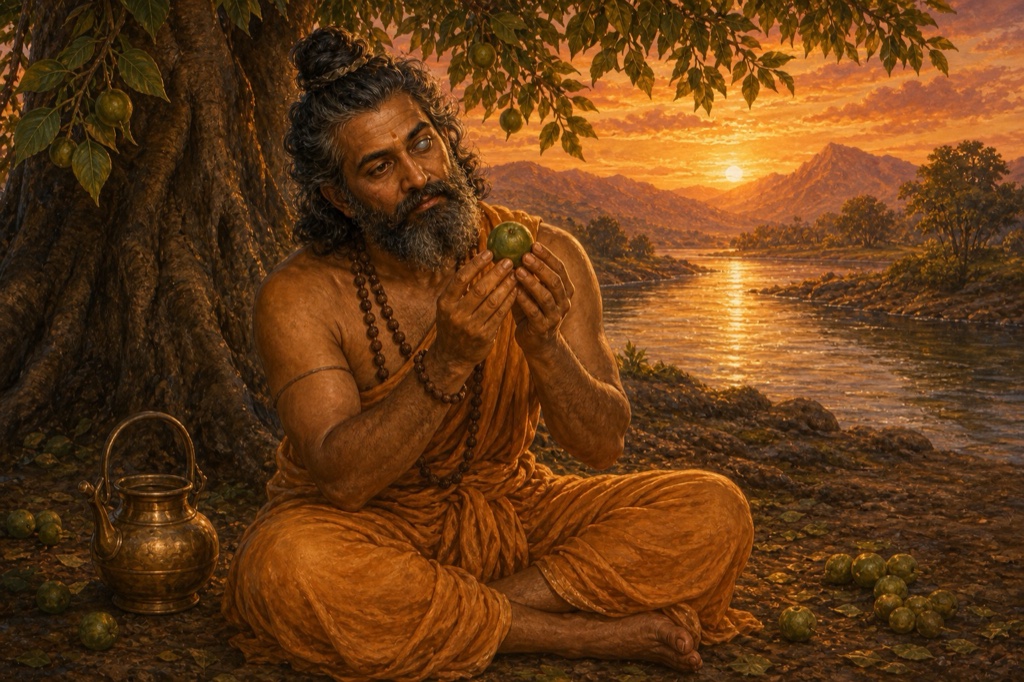 Painterly classical Indian color illustration: the fifty-five-year-old sage Pippala, a faint whiteness in his left eye, seated at the base of a bilva tree by a river, cradling a single fallen bilva fruit in both thin-fingered hands and tilting his head slightly to the right to peer at it intently, a brass kamandalu beside him; serene, dignified, no text, no watermark.