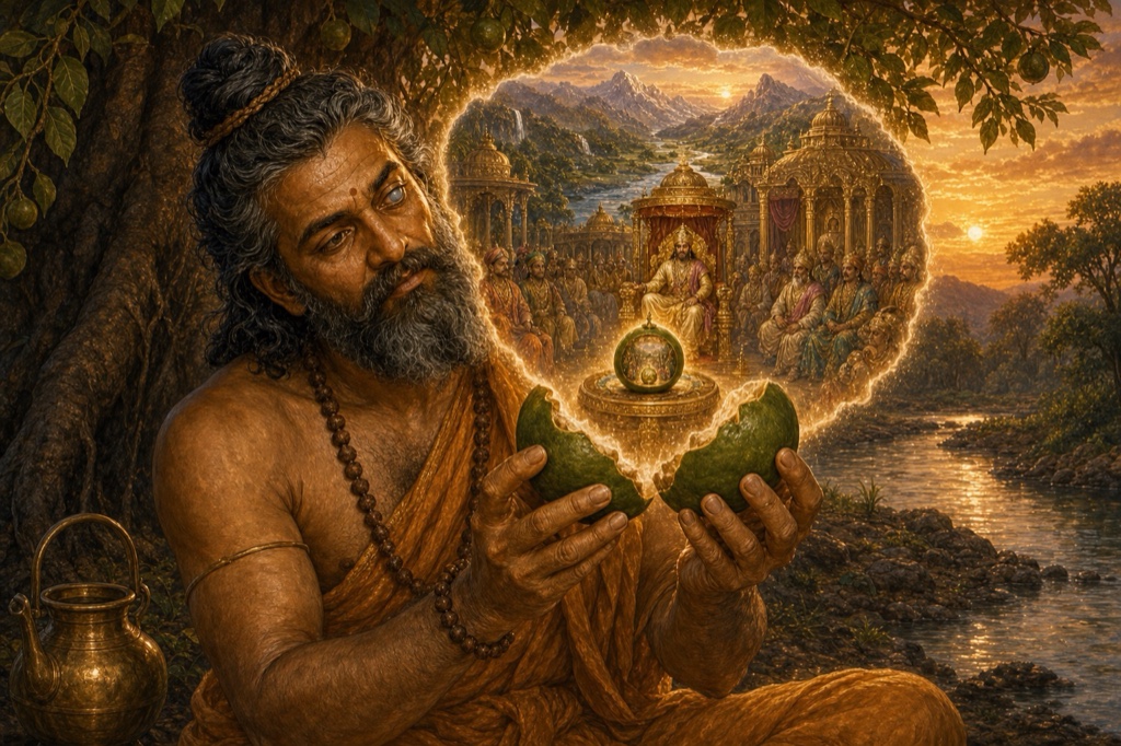 Painterly classical Indian color illustration: an opened bilva fruit revealing inside it an ornate domed throne-pavilion where a crowned king sits on an elaborate throne amid turbaned courtiers, and behind the throne rests a tiny bilva fruit which itself contains another miniature world, suggesting infinite recursion; jewel-toned, dignified, no text, no watermark.
