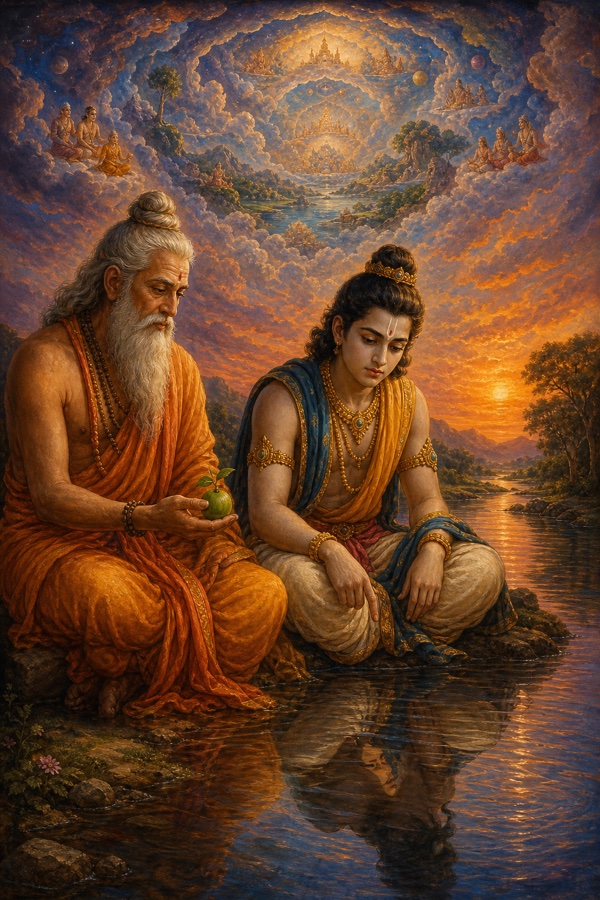 Painterly classical Indian color illustration: sage Vasistha and young Rama sit together beside a still river at dusk, the sage holding a small bilva fruit between them; Rama gazes down at a faint trembling shadow rippling on the water's surface while the sky above softly opens into nested cloud-realms hinting at recursive worlds; contemplative, luminous, dignified, no text, no watermark.