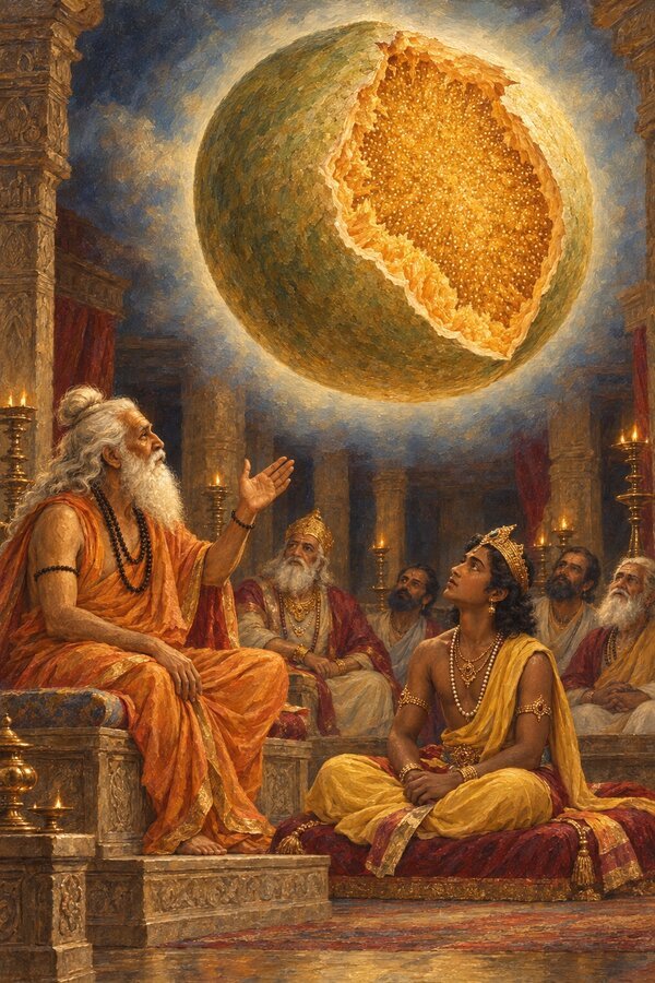 In Dasharatha's hall Vasishtha describes a bel fruit as wide as the sky, full of worlds like seeds, its vision glowing above.
