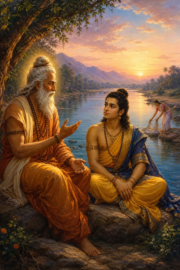Rich painterly classical-Indian color illustration of young prince Rama seated on a riverside boulder at dawn beside the elder sage Vasishtha with white beard and rudraksha beads, the Sarayu river soft-blue under a pale rosy sky, distant hills, a washerwoman by the far bank; dignified, no text, no watermark