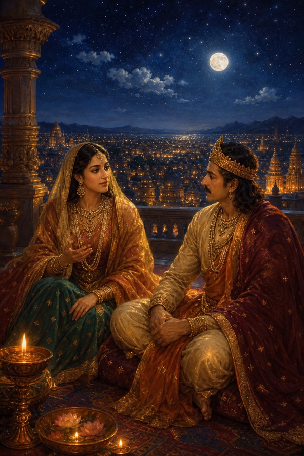Rich painterly classical-Indian color illustration of Queen Chudala in a shawl and King Shikhidhvaja seated together on a moonlit palace rooftop terrace at midnight, thousands of city lamps glowing below them and a star-filled sky above, an intimate quiet conversation; dignified, no text, no watermark