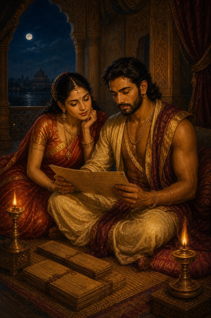 Rich painterly classical-Indian color illustration of Chudala and Shikhidhvaja seated close on a reed mat in a small lamplit chamber, two oil lamps and an open palm-leaf manuscript between them, one reading aloud while the other listens, scrolls of Vedanta scripture nearby; dignified, no text, no watermark